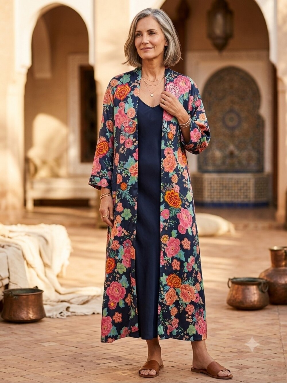 Anthropologie Navy Floral Long Kimono Coat with Pink & Orange Blooms